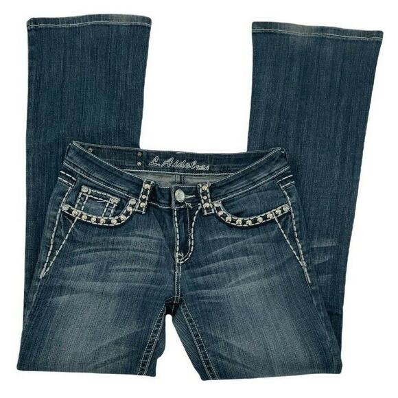 L.A. Idol Jeans Women's Size 9 Bootcut Frost Rhinestone Stitch Logo Bleu Denim - Picture 1 of 12